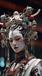 A cyberpunk-style Peking opera porcelain female character, an elegant AI goddess, with the traditional Peking opera facial makeup, looking straight ahead, realistically rendered, centered composition, graceful and charming, using Unreal Engine 5, with hig