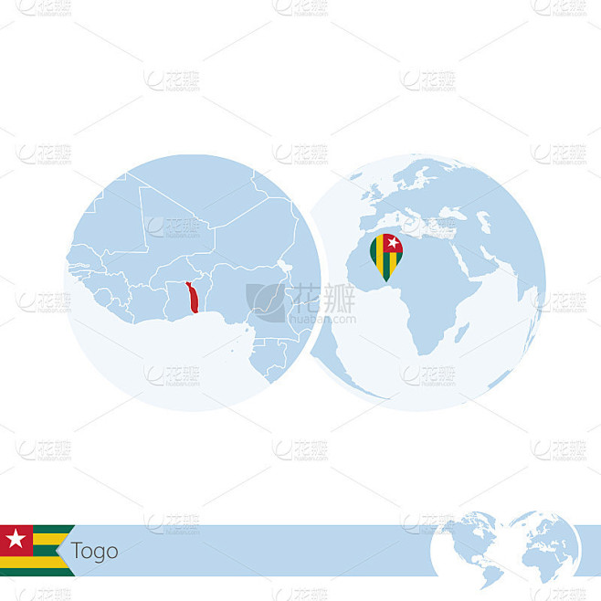 多哥世界地图，多哥旗帜和多哥区域地图。
