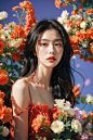  1girl, long hair, flower, Lisianthus, in the style of red and light azure, dreamy and romantic compositions, red, ethereal foliage, playful arrangements, fantasy, high contrast, ink strokes, explosions, over exposure, purple and red tone impression, abst