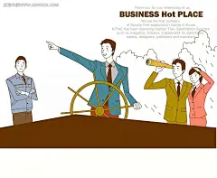 商务插画—掌握船舵和拿着望远镜的商务男女卡通人物|卡通人物图片|漫画人物|人物素材|人物图片|商务插画|商务男女|矢量人物|望远镜|云朵