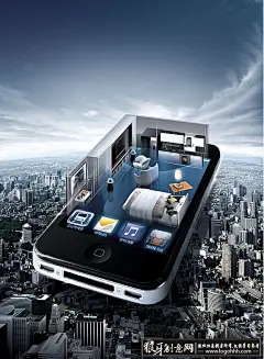 海报灵感 手机创意合成海报设计灵感 大气楼房图手机创意合成海报 高端3D视觉手机创意合成海报 