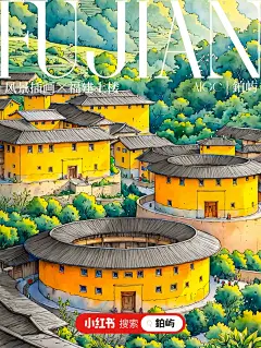 100个城市风景插画｜福建土楼 - 小红书