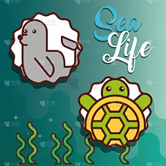 海洋生命,卡通,分离着色,可爱的,鸡尾酒,自然,海产,图像,海洋,收集