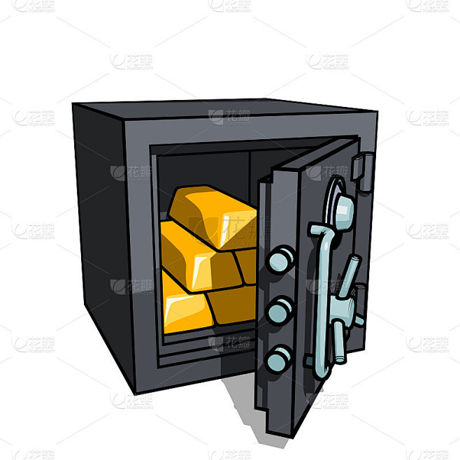 安全金属保险箱与打开的门和金条在透视视图...