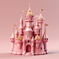 The Castle,pink and golden color matching, icon,ultra details,clay material,3d,c4d,octane rendering,blender rendering,volume lighting,delicate details,clear background