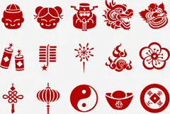 灯笼鞭炮金元宝铜钱等设计矢量素