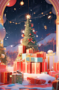 Christmas scene with lots of gifts and a box, in the style of vibrant stage backdrops, aurorapunk, zhang kechun, dreamlike atmosphere, photorealistic scenes, eye-catching, theatrical