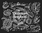 大包可口干果查出的海鲜发球区域白色 鱼的手拉的剪影，金枪鱼，龙虾，虾，扇贝，鳗鱼，鲤鱼，乌龟，淡菜，巧克力精炼机 向量