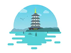 西湖雷峰塔插画风景