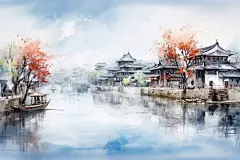 江南水乡插画绘画