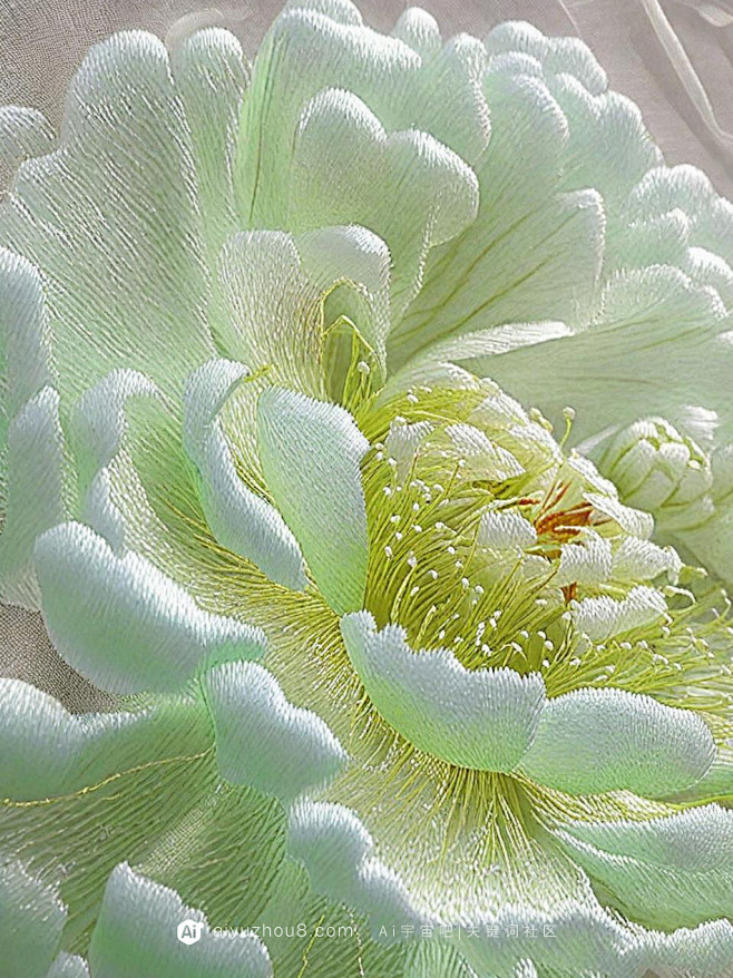 中国风刺绣风花卉鲜花绿特写ai绘图关键词...