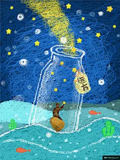 夜空海洋漂流瓶瓶中小人飞入星星彩色线条童话梦境插画模板