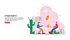 早餐在吃盛宴派对的概念。穆斯林家庭晚餐在斋月卡里姆或庆祝开斋节与人的性格。网页登陆页面模板，横幅，展示，社会或印刷媒体图片-商业图片-正版原创图片下载购买-Veer图库