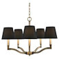 5-light chandelier in antique brass with a clear orb accent and black shades.   Product: ChandelierConstruction Material: Steel and fabricColor: Black and antique brassAccommodates: (5) 60 Watt max bulbs - not includedDimensions: 17.5" H x 24.75&