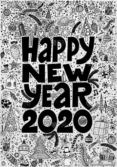 手,绘画插图,矢量,墨水,贺卡,新年前夕,2020,分离着色,白色背景