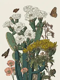仙人掌 沙漠植物插画 蝴蝶 精致线描风格 - 小红书