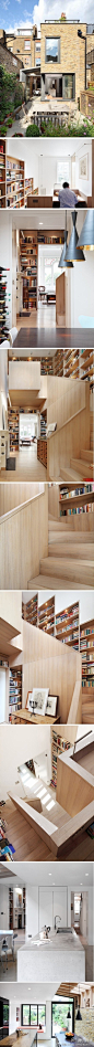 一套室内改扩建设计，名为Book Tower House，为了安置业主数量庞大的藏书，设计师将楼梯间设计成开放式的书架空间。