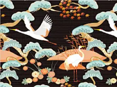 日式传统复古仙鹤中国风古典服装布料印刷设计背景底纹04