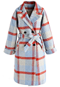 Winsome Red Grid Double-Breasted Longline Tweed Coat  : Winsome red, lose some “What to Wear” confusion. This longline tweed coat is how you elevate all your super casual denim outfits. Win all fall in this baby.<br/>- Notched lapel<br/>- Belt