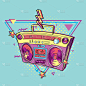 Funky彩色80年代绘制的boom box音乐象征