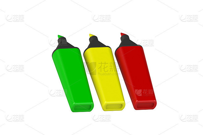 Three colored markers on a white background. 毡尖笔发出