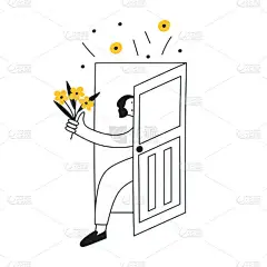 欢迎、邀请、问候、乔迁或庆祝的概念。可爱的卡通人物进门时带着花。白色平行线矢量图解