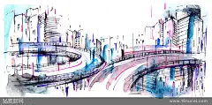 手绘水墨城市立交桥高清图片