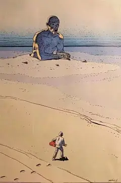 插画 | 孤身一人，漫步在梦境中_莫比斯 : 早上八点，发车啦！ 法国漫画大师莫比斯（Mœbius）， 他开创了全新的漫画形式。 其作品影响了漫画界、电影界等诸多领域。 莫比斯笔下的世界充满奇幻的场景， 以及丰富迷人的视觉想象力。 太空，沙漠，戈壁，云烟，