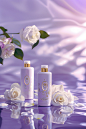 Product photography of hair shampoo and conditioner bottles with white rose petals floating around against a purple colored background. A golden brand logo is on the bottles with soft, light purple toned lighting creating an elegant atmosphere. Rose petal