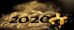2020年新年快乐。创意拼贴数字2和零组成了2020年。美丽闪亮的金色数字2020和礼物在黑色的背景