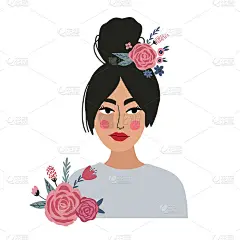 女性肖像与鲜花。美丽的春姑娘性格。
