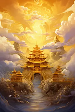 宫殿古风古韵金线城市建筑插画