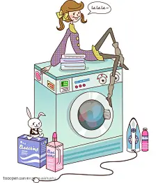 韩国卡通插画女孩 坐在洗衣机上唱歌的女孩
