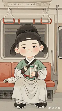 全景,水墨插画,极简主义，三头身，唐代男士插画,男士坐地铁，现代人物与古风工笔画结合，画风细腻成熟，独特的风格，识别度高，人物讨喜又不失韵味，可爱的Q版唐代风俗画图，背景简洁，纯色背景。