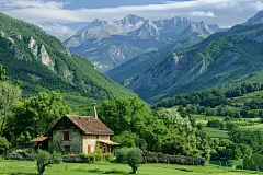 春天山上的小屋图片