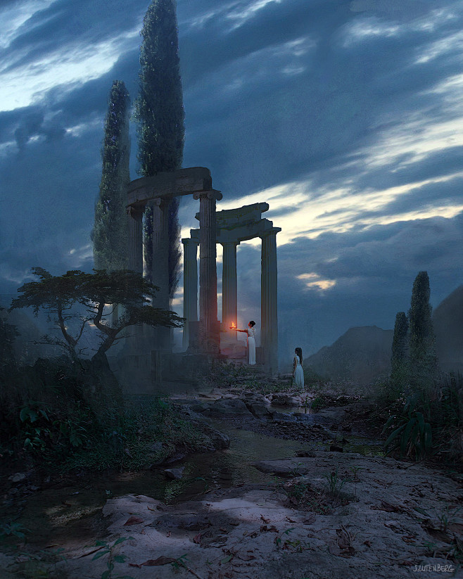 cg人物cg场景插画原画人物设定建筑设定古风海报黑白素描线稿末日海报