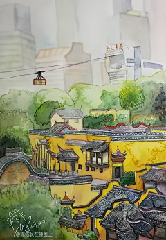 重庆湖广会馆和长江索道，站在东水门大桥上的视角，水彩插画 史明克 寺庙 建筑群  重庆老街 山城风景画 晒太阳 小寒 大寒 立夏 立春 夏至 手绘重庆城 重庆城事 山城日记  爬坡上坎 #山城冻画##冻疮长在膝盖上# 冻疮君的日常#重庆插画#