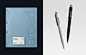 Blue folder, pens, light, blue, architecture, modern style, minimalism, logo, brand identity