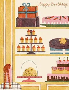 这可能包含： 一张生日贺卡图片，货架上摆放着蛋糕和礼物，上面写着生日快乐