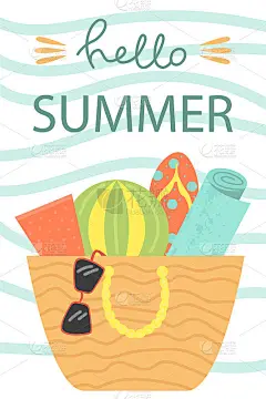 一套三张夏季海报。夏季矢量设计概念。你好,夏天