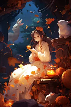 AI数字艺术中国风女孩玉兔中秋节插画