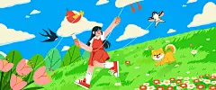 小清新春天卡通户外田园风光插画海报
