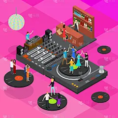 DJ俱乐部酒吧概念3d等距视图。向量