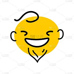 抽象的黄色脸，宽笑，头发，耳朵和胡子。字符图标设计矢量插图孤立在白色背景。表达人们的情感