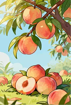 新鲜桃子桃树插画
