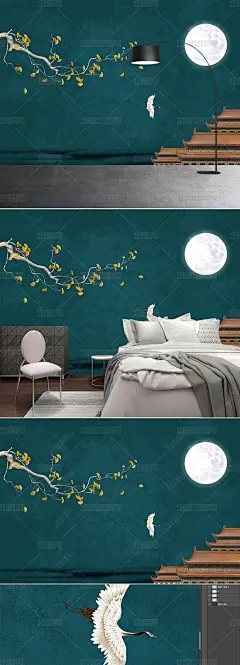 新中式手绘银杏叶花鸟白鹤月亮古建筑壁画