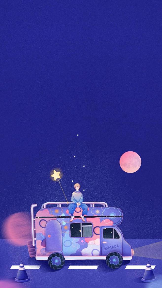 紫色调唯美星空手绘插画
