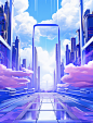 the cityscape with an abstract sky and blue sky, in the style of neon-infused digitalism, light violet and white, hall of mirrors, animecore, atompunk, die brücke, cartelcore