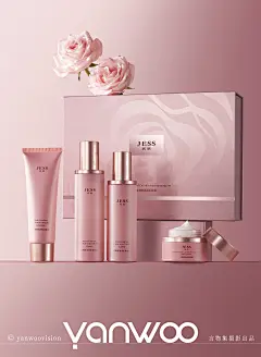 Behance 上的 护肤品美妆礼盒套装粉色玫瑰花精华产品场景图拍摄 ✖ 言物集