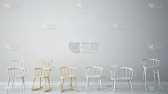 极简主义建筑师以三张经典的木椅平衡悬挂在蓝色与黄色圆点的背景和大理石地板上，客厅的室内设计带有复制空